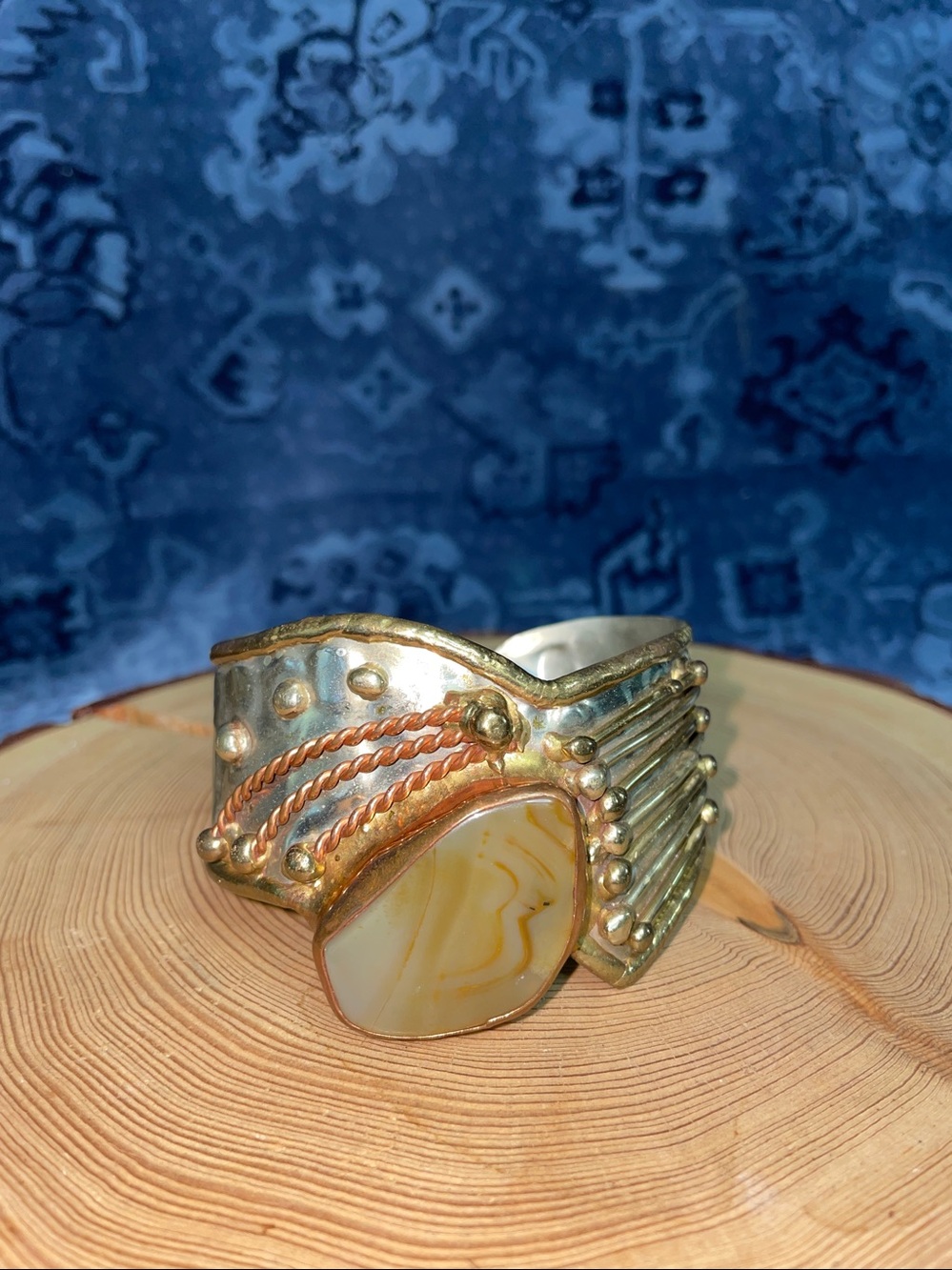 Vintage Artisan Mixed Metal Agate Cuff Bracelet Boho Brutalist